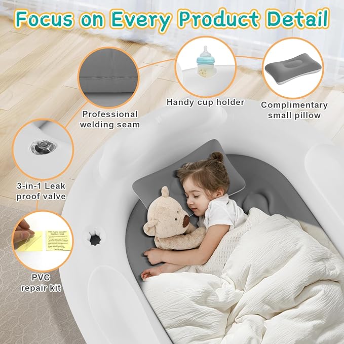 Inflatable Toddler Travel Bed with 3-Sides Blow Up Mattress for Kids Portable Baby Air Mattress with Electric Pump for Home Use, Camping-Grey