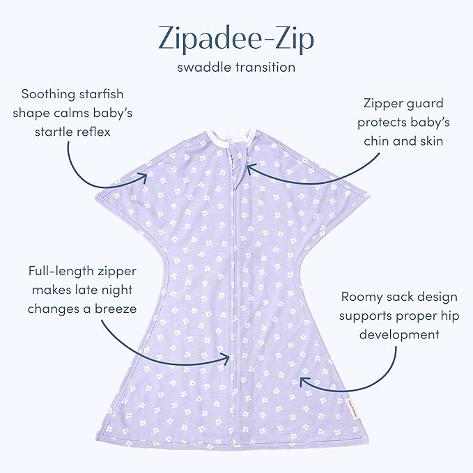 SleepingBaby Zipadee-Zip Transition Swaddle - Cozy Baby Swaddle Blanket with Zipper Convenience - Roomy Wearable Blanket for Easy Diaper Changes - Paperwhite Flowers, X-Small (3-6 Month)