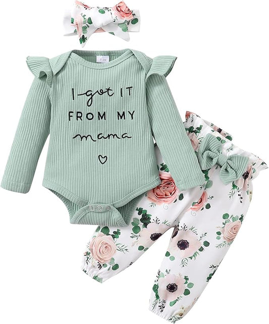 DISAUR Baby Girls Clothes Newborn Infant Baby Girls Outfit Long Sleeve Ruffle Romper Floral Pants Headband Sets 0-18 Months