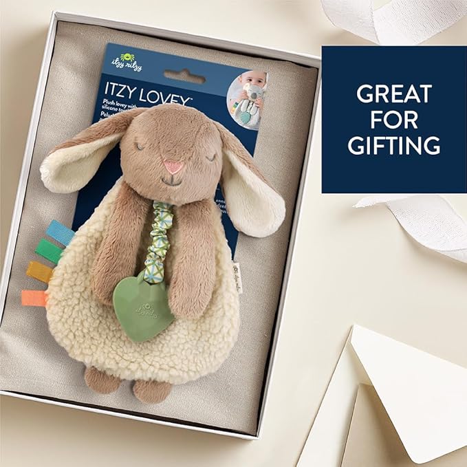 Itzy Ritzy - Itzy Lovey Including Teether - Baby Lovey with Teether, Textured Ribbons & Dangle Arms - Features Crinkle Sound, Sherpa Fabric and Minky Plush (Taupe Bunny)