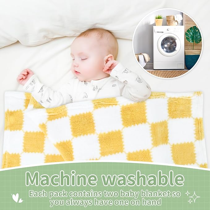 Checkered Baby Blanket for Boys Girls, 2 Pack Soft Baby Boy Girl Blankets, Small 28 x 40 inches Toddler Fleece Blanket, Essentials Crib Stroller Items, Newborn Gift (Yellow)