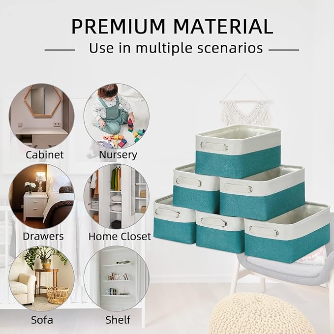 HNZIGE Small Closet Storage Baskets for Storage,Rectangular Storage Baskets Bins for Nursery,Gifts Empty Baskets for Organizing Shelves,Baby,Toy,Home(White&Teal,11.8" x 7.8" x 5.1")
