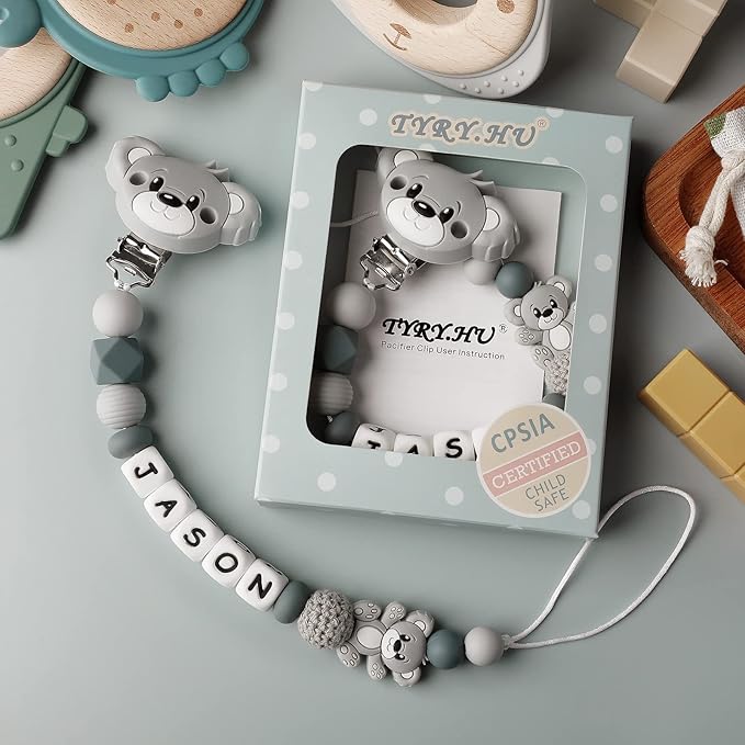 Personalized Pacifier Clip with Name for Baby, Customized Pacifier Clip Fits All Pacifiers, Baby Birthday Gift for Boys and Girls, Bear (Grey)