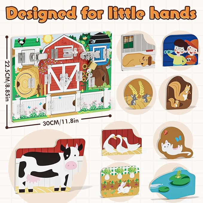 Wooden Latches Busy Board for 1-4 Year Old, Montessori Toys Sensory Toys for Toddler, Farm Theme Educational Busy Board for Kids, Activity Board Gift for Kids