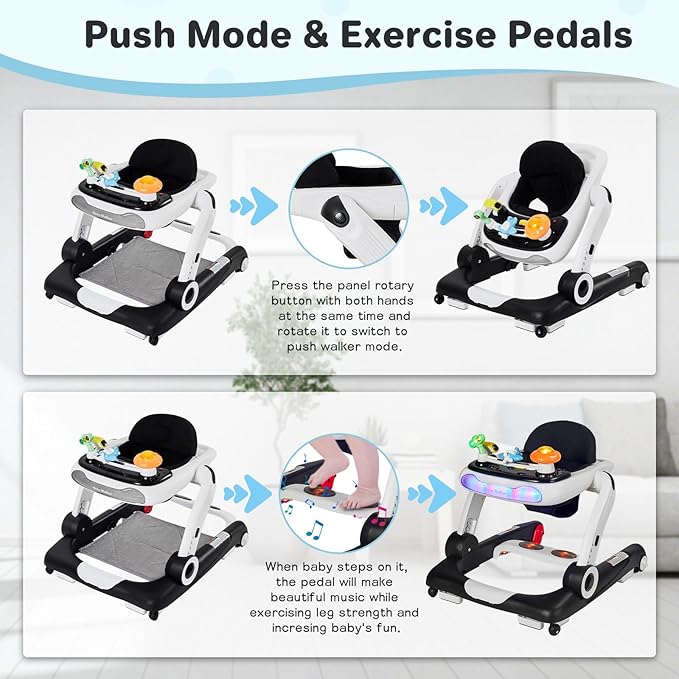 Baby Walker,4-Gear Height Adjustable Baby Walker with Wheels,5 in 1 Baby Activity Center,Music and Lights Bouncer Walker for Baby Boy 6-18 Months,Adjustable Speed Baby Push Walker