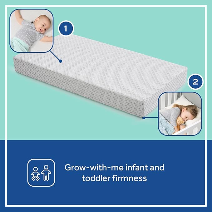 SEALY BABY OmniPedic Refresh Breathable Crib Mattress, GREENGUARD Gold Certified, Made in USA, Removable Knit Cover, 2 Stage, Toddler Bed Fit, Safety & Quality Tested, 52x28