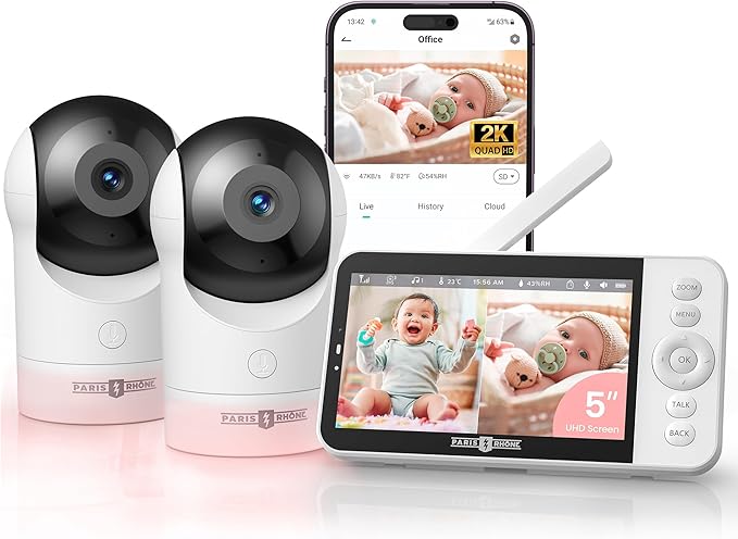 PARIS RHÔNE Split-Screen Baby Monitor, 5” Smart Video Baby Monitor with App Control, Two 2K UHD WiFi Cameras, Night Vision, Motion & Cry Detection, AI Tracking, RGB Night Light, Lullabies