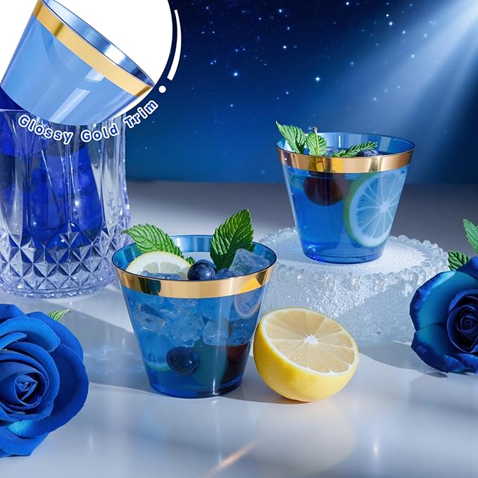 supernal 100 Pcs Blue Plastic Cups, 9oz Blue Disposable Cups with Gold Rim, Plastic Wine Cocktail Glasses Perfect for Party, Wedding and Birthday, Cute Cocktail Party Cup Disposable Wine Glasses