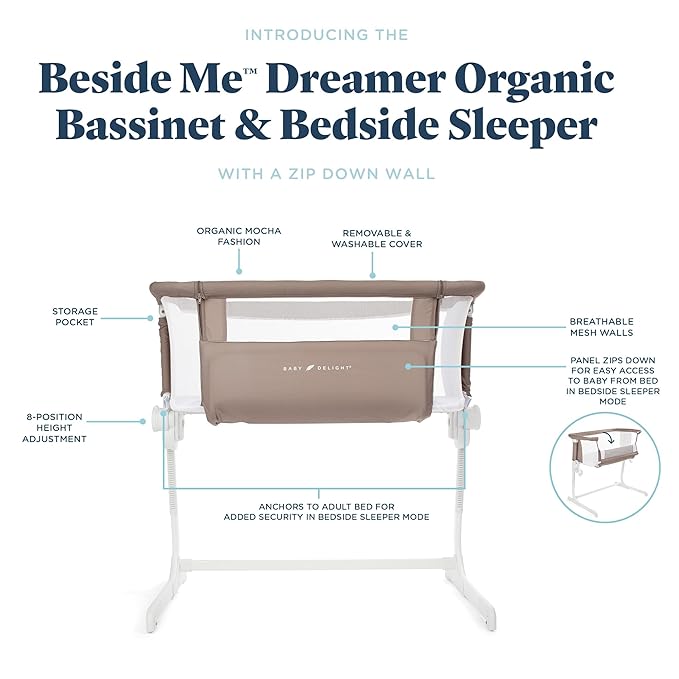 Baby Delight Beside Me Dreamer Bassinet | Bedside Sleeper & Baby Bassinet | 6-Position Height Adjustment | 100% GOTS Certified Organic Cotton Fabric | Organic Mocha