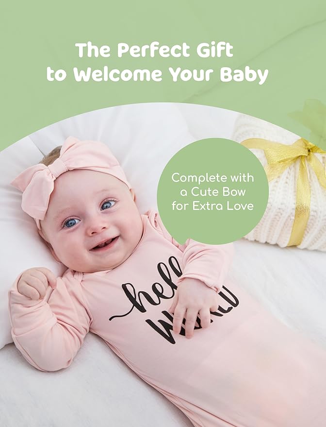 PATPAT Baby Sleeper Gown with Bamboo Viscose for Newborn Girls Boys, Knotted Nightgown with Mittens for Infant Home Coming