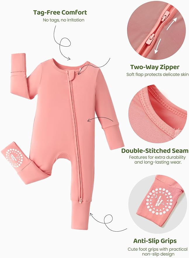 PATPAT Baby Footies Boys Girls - Bamboo Viscose - Zipper & Non-Slip Soles Romper Mitten - Footed & Footless Infant Clothes