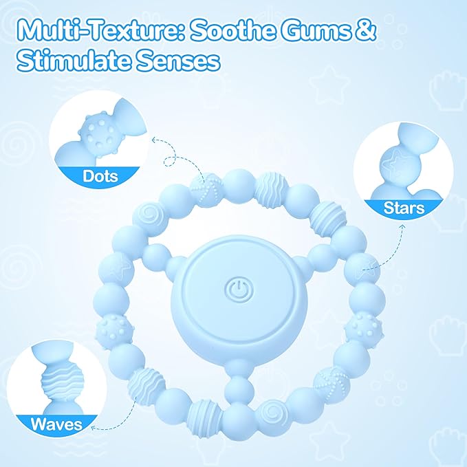 Vibrating Teething Toy with 3D Multi-Texture, Food-Grade Silicone Sensory Chew Toy for Autism Kids and Baby 3-18 Months, Baby Teething Ring for Teething Relief, Light Blue