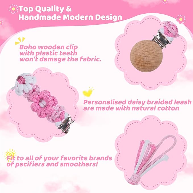 Pacifier Clip for Boys Girls Floral Daisy Macrame Baby Paci Clip Pacifier Holder Leash Boho Wooden Clips Handmade Braided Cotton Binky Clips (1pack:Pink Daisy A)