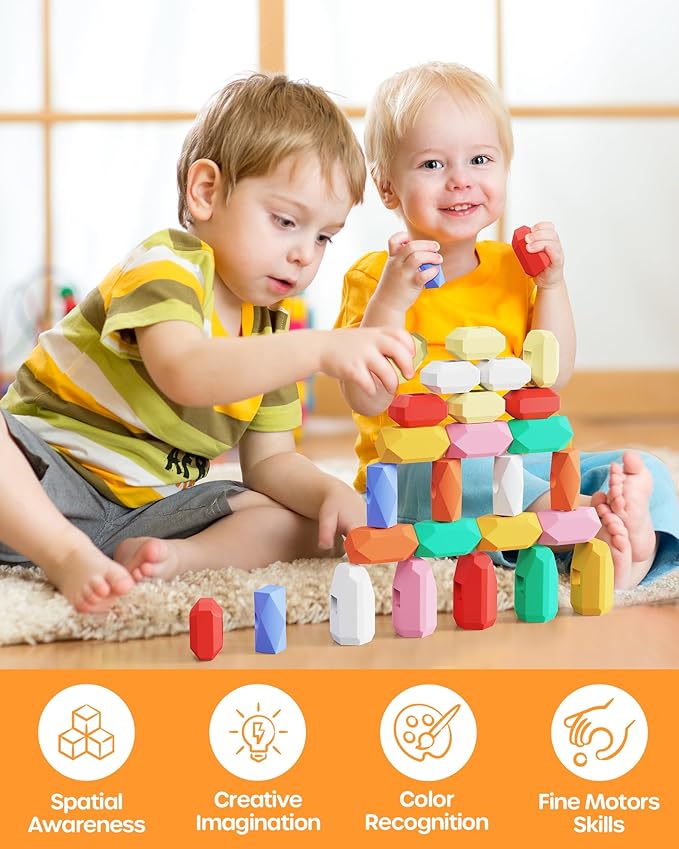 D-FantiX 39 PCS Silicone Sorting Stacking Rocks Stones, Sensory Learning Montessori Toys for 3 4 5 6 Year Old Kids, Educational Stacking Toys Building Blocks for Toddlers