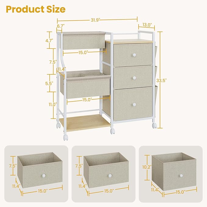 Baby Diaper Caddy, 3 Tier Baby Organizer and Storage Cart with Dividers and Drawers, Mobile Utility Rolling Cart, Newborn Baby Essentials Storage Cart with Wheels for Nursery, Bedroom, Beige