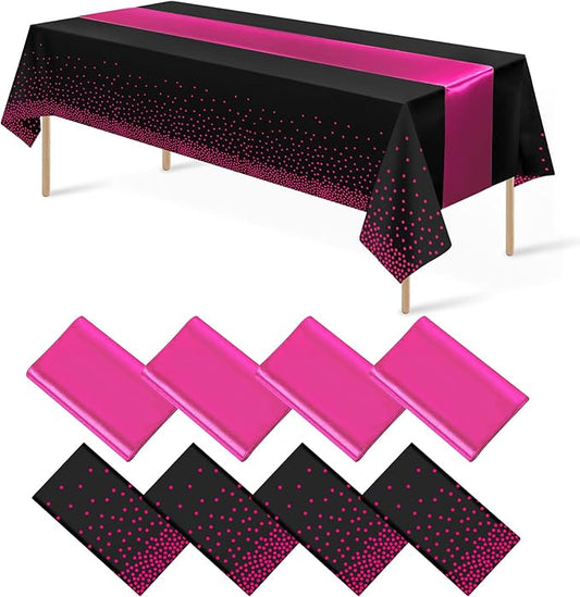 8Pack Disposable Plastic Party Tablecloths and Satin Table Runner Set Black Hot Pink Dot Table Cloth Hot Pink Satin Table Runner for Wedding Birthday Baby Shower Anniversary Holiday Party Decorations