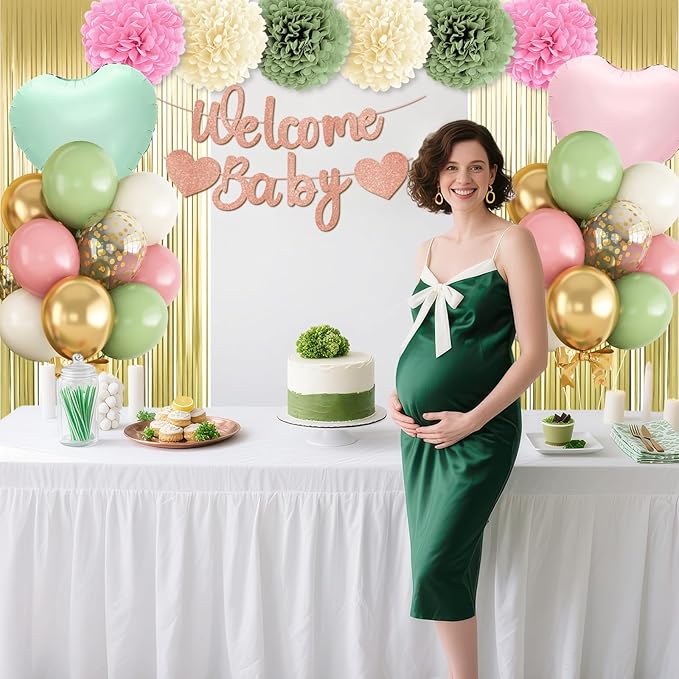 Dusty Pink Green Gold Baby Shower Decorations,Welcome Baby Banner with Sand White Sage Green Balloons Fringe Curtains Paper Pom Poms Flowers Tassels for Boho Baby Shower Gender Reveal Party Supplies