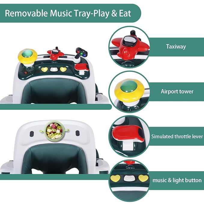 Kinder King Baby Walker with Music & Lights, 5 in 1 Baby Bouncer Activity Walker, Adjustable Height & Seat, Learning-Seated & Toddler Walk-Behind, Safety Bumper, Infant Walker Anti-Rollover, Green