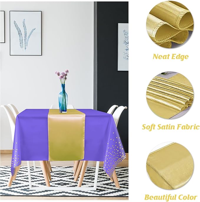 8Pack Disposable Plastic Tablecloths and Satin Table Runner Set Purple and Gold Dot Tablecloth Gold Satin Table Runner for Wedding Birthday Baby Shower Anniversary Christmas New Year Party Supplies