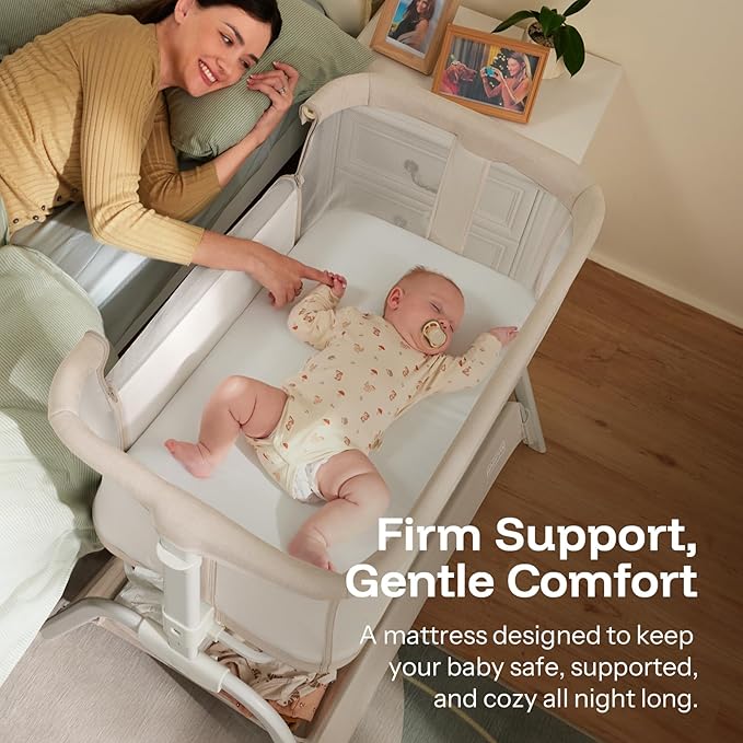 HARPPA Cuddly Bassinet, 2 in 1 Baby Bassinet with Breathable Mesh and Mattress, 6 Height Adjustable, Bedside Sleeper with Anchor Strap, Storage Basket and Wheels, Beige