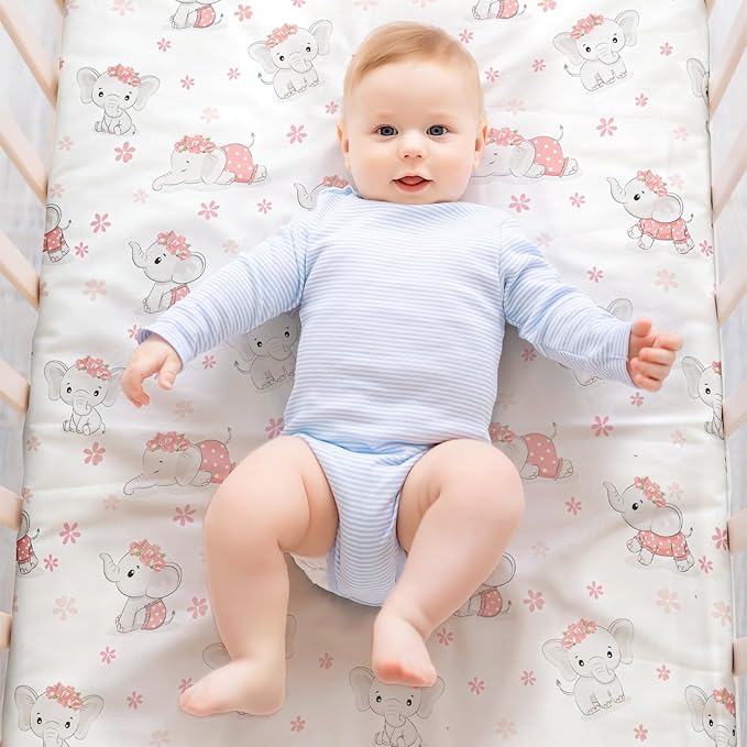 4 Pack Baby Girl Pack N Play Mini Crib Sheets Set Soft Fitted Elephant Theme Baby Girl Mattress Covers Breathable Toddler Bed Sheets for Infant or Newborn(Elephant, Pack N Play Mini Crib Sheets)