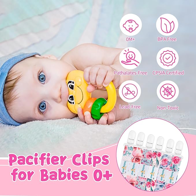 Babygoal Floral Pacifier Clips, 6 Pack Binky Paci Holder Clips and Leash for Boys and Girls Fits for Most Pacifier, Binkie Styles & Baby Teethers & Toys and Gift 6PS16