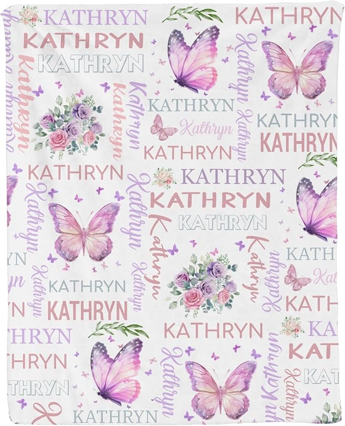 Personalized Baby Blanket for Girls Butterfly Custom Baby Blankets with Name Dotted Backing Customized Gifts for New Mom Customize Baby Blanket for Kids Newborn Birthday