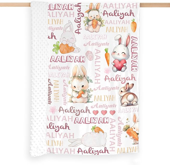Custom Baby Blanket for Girls Rabbit Personalized Baby Blankets with Name Dotted Backing Customized Gifts for New Mom Customize Baby Blanket for Kids Newborn Birthday Pink