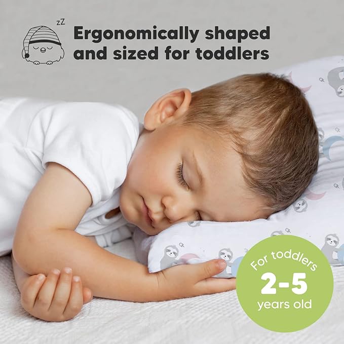 Toddler Pillow with Pillowcase - 13x18 My Little Dreamy Kids Travel Bed Pillows for Sleeping, Organic Cotton Small Pillowcase, Soft & Breathable, Machine Washable, Toddlers 2-5 Years Old (Moon Sloth)