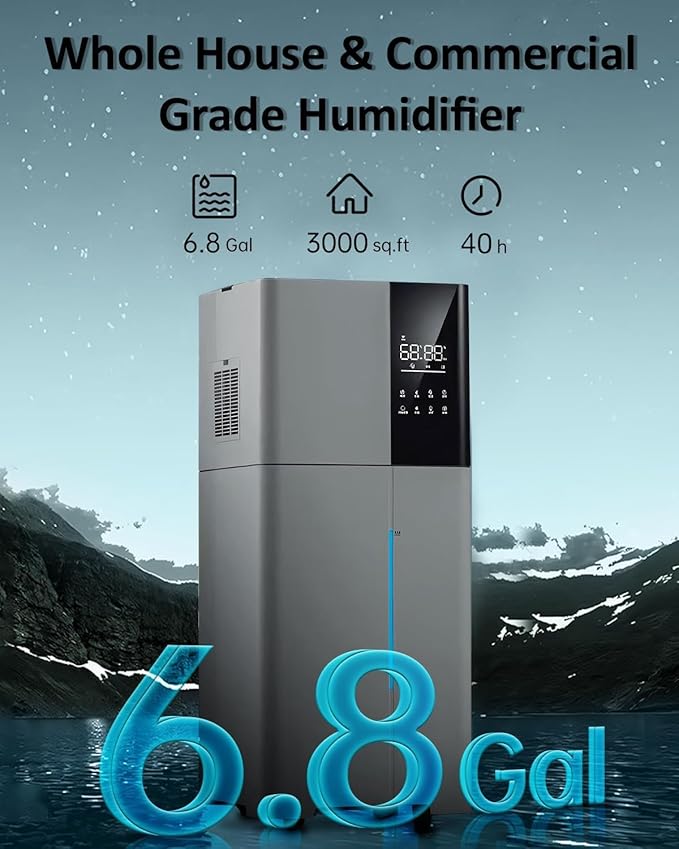 Humidifier Large Room,26L/6.8Gal Whole House Humidifiers for Home 3000 sq.ft,1800ml/H Cool Mist Humidifier Baby, Top Fill Humidifiers for Bedroom Plant with 360° Nozzle & Extension Tube,Grey
