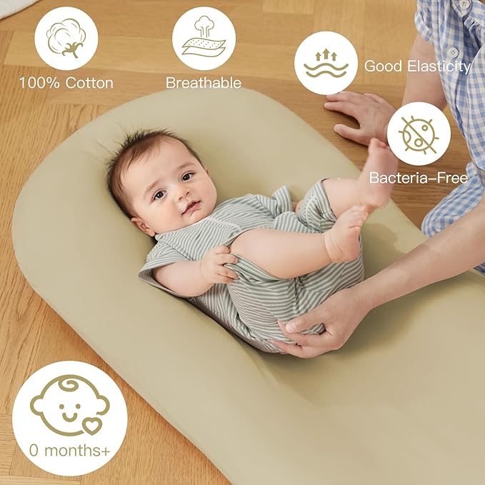 Lucakuins Baby Lounger, Bionic Design Baby Lounger for Newborn 0-24 Months, Soft Organic Cotton Breathable Lounger for Infants (Apricot Baby Lounger)