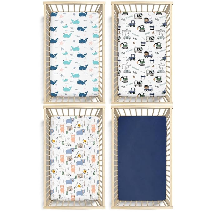 Plushii 4 Pack Fitted Crib Sheets for Baby Boys, 28"x 52" Extra Soft Microfiber Crib Sheet Set for Standard Crib & Toddler Mattress Pad, Whale & Trucks & Little Bear & Navy Blue