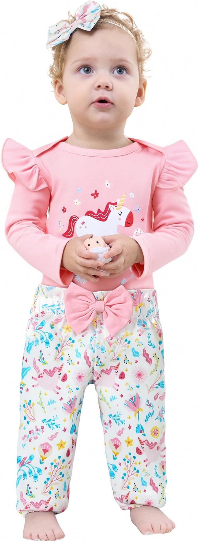 DISAUR Baby Girls Clothes Newborn Infant Baby Girls Outfit Long Sleeve Ruffle Romper Floral Pants Headband Sets 0-18 Months