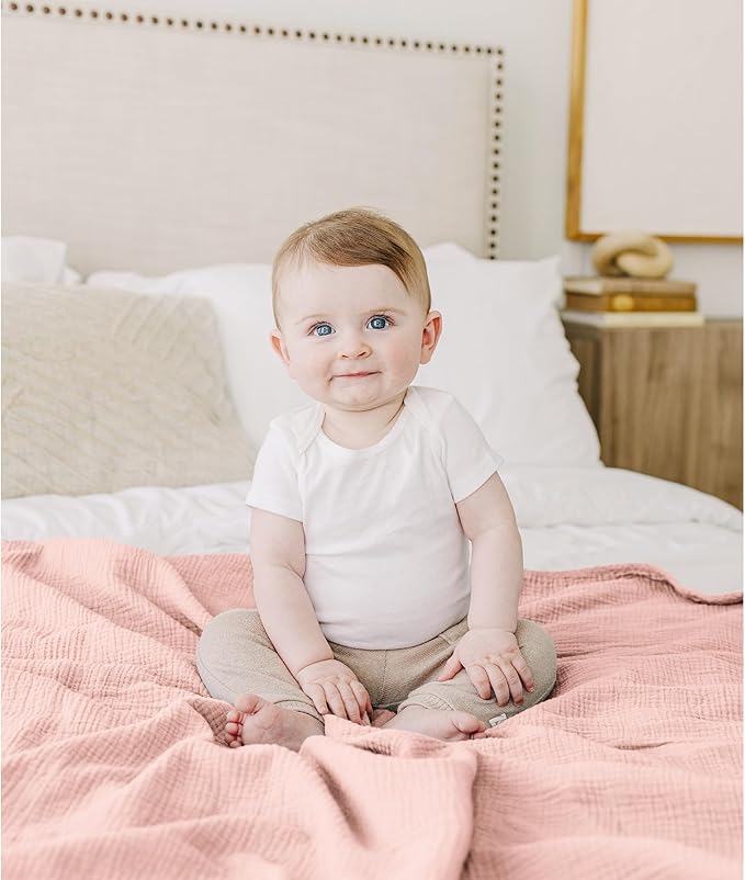 Konssy Muslin Baby Blankets for Girls Boys, 100% Cotton Crib Blanket for Infant Toddler, Super Soft and Lightweight Nursery Swaddling Wrap 40"x36" (Pink)
