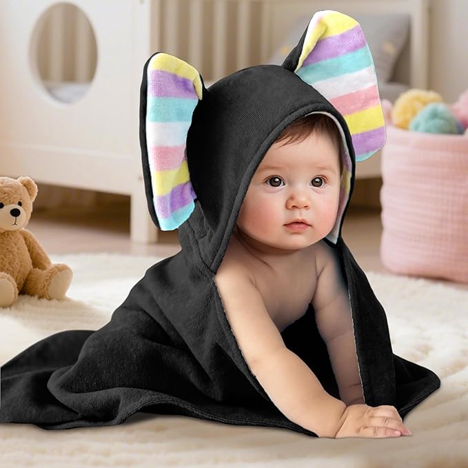VOOVA & MOVAS Baby Hooded Bath Towel - 100% Cotton, 33x23.5 Inches,0-3Years, Super Absorbent Large Towel with Cute Elephant Ears Hood for Newborn, Baby, Toddler,Black