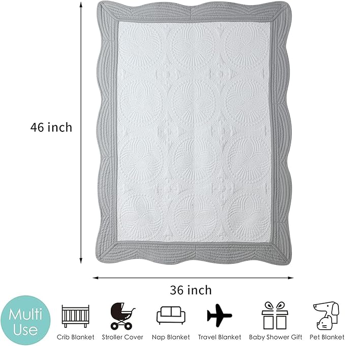 MONOBLANKS Baby Quilt Personlized Monogram Lightweight Embossed Scalloped Throw Blanket Four Seasons (White-Grey Trim)
