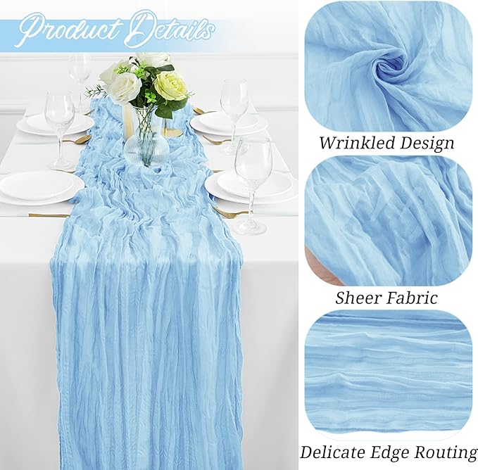 12Pack Baby Blue Cheesecloth Table Runner 35x120Inch Cheese Cloth Table Runners 10FT Boho Gauze Rustic Sheer Table Runner for Party Wedding Bridal Shower Baby Shower Decorations Boy Party Decor