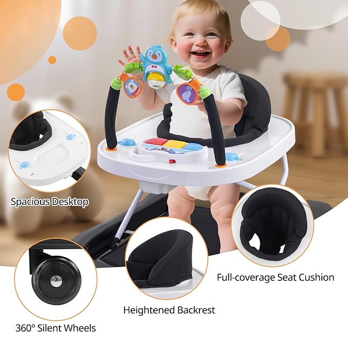 Foldable Baby Walker with Wheels, 3 Height Settings, 4-in-1 Activity Center for 6-18 Months with Tray, Music & Removable Footrest