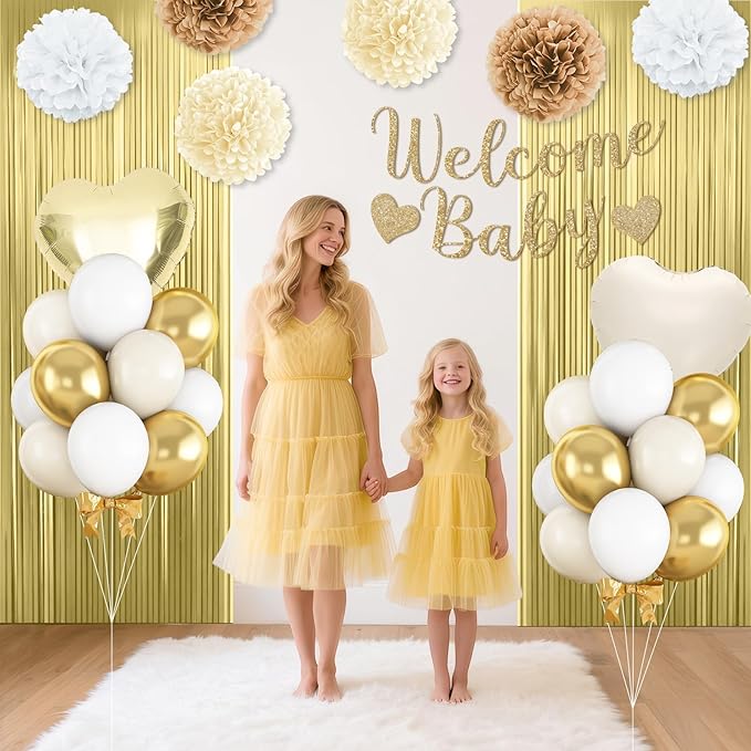 Gold White Baby Shower Decorations,Welcome Baby Banner with Sand White Gold Balloons Fringe Curtains Paper Pom Poms Flowers Tassels for Girl Boy Boho Baby Shower Gender Reveal Party Supplies