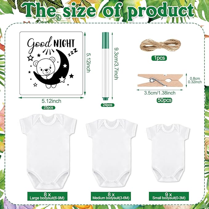 Panitay 126 Pcs Baby Shower DIY Bodysuit Set Rustic Kraft Baby Shower Game Sign DIY Bib 25 Blank White Newborn Bodysuit 25 Stencils 24 Marker 1 Sign 50 Pins for Gender Reveal(Dinosaur)