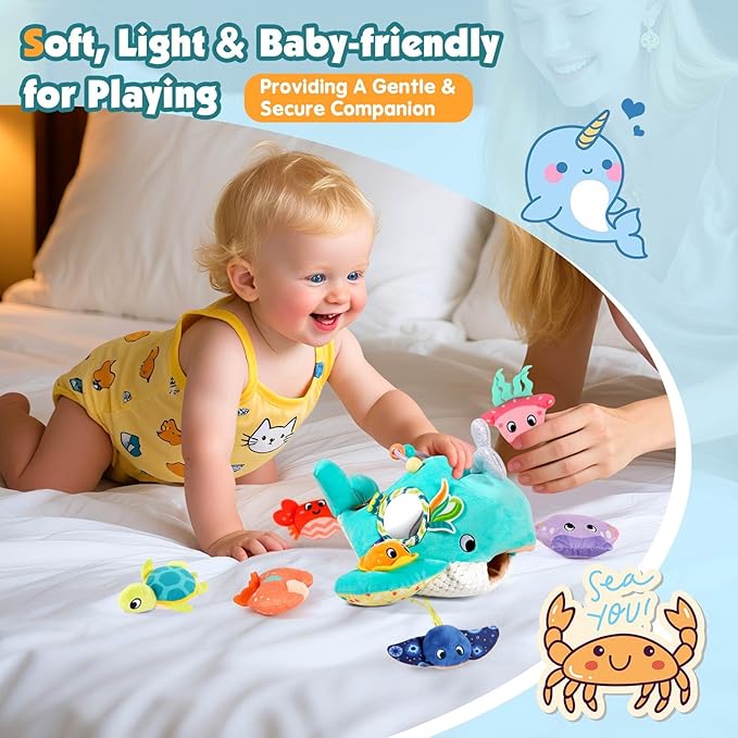 FREYBLI Baby Toys 6-12 Months - Soft Ocean Adventure Toy with Rattle, Crinkle Paper, Squeaker, Mirror - Baby Sensory Montessori Toys for 6-9-12 Month Old Developmental, 1 Year Old Boy Girl Gifts Toys