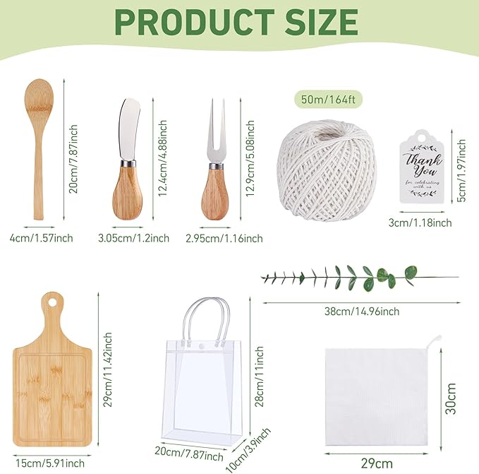 109PCS Baby Shower Prizes for Game Winners Bamboo Cheese Board Spoon Fork Butter Spreaders Plaid Towel Thank You Card and Gift Bags for Baby Shower Wedding Bridal Shower Favors (Bamboo, 12 Sets)