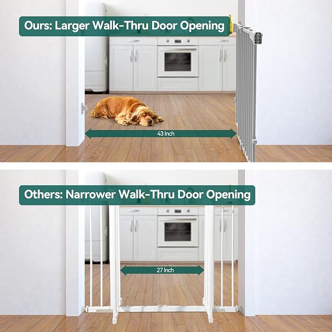 Babelio 26-43" No Bottom Bar Baby Gate for Babies, Elders and Pets, 2-in-1 Hardware Mount Dog Gate for The House, Stairs and Doorways, with Large Walk Thru Door, Grey