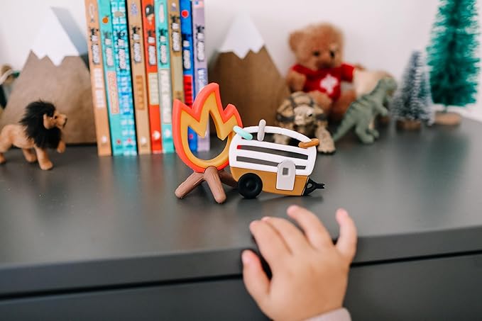 Lucy Darling Little Camper Baby Teether Set – 2 Textured Silicone Teething Toys (Camper & Campfire) for Babies 3–6 Months | BPA-Free, Easy to Hold & Clean | Baby Registry & Shower Gift