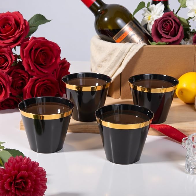 supernal 200 Pcs Gold and Black Plastic Cups-9oz Heavy Duty Plastic Cups,Gold Rimmed Disposable Cups,Disposable Wine Glasses Perfect for Wedding,Birthday Parties,Thanksgiving,Christmas