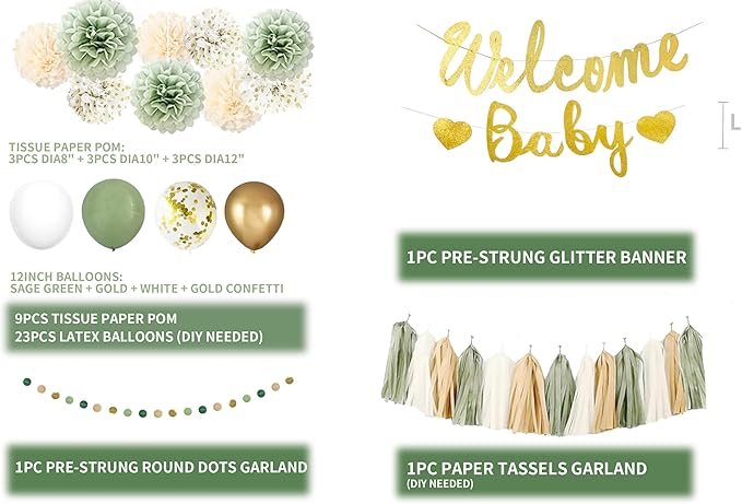 Baby Shower Decorations Neutral Sage Green and Gold Party- Welcome Baby Banner,Balloons,Tissue Pom Poms,Circle Dot & Tassel Garland- Baby Gender Reveal Birthday Woodland Themes Décor