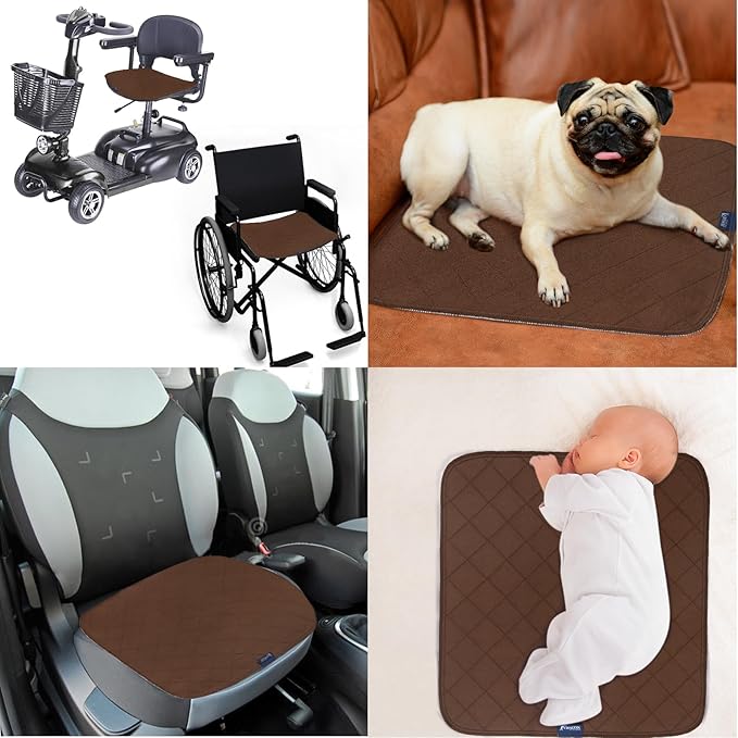 Waterproof Incontinence Chair Pads, 22" x 21" Wheelchair Reusable Seat Pads Cover, Washable Nursery Seat Protector, 4 Pack Brown