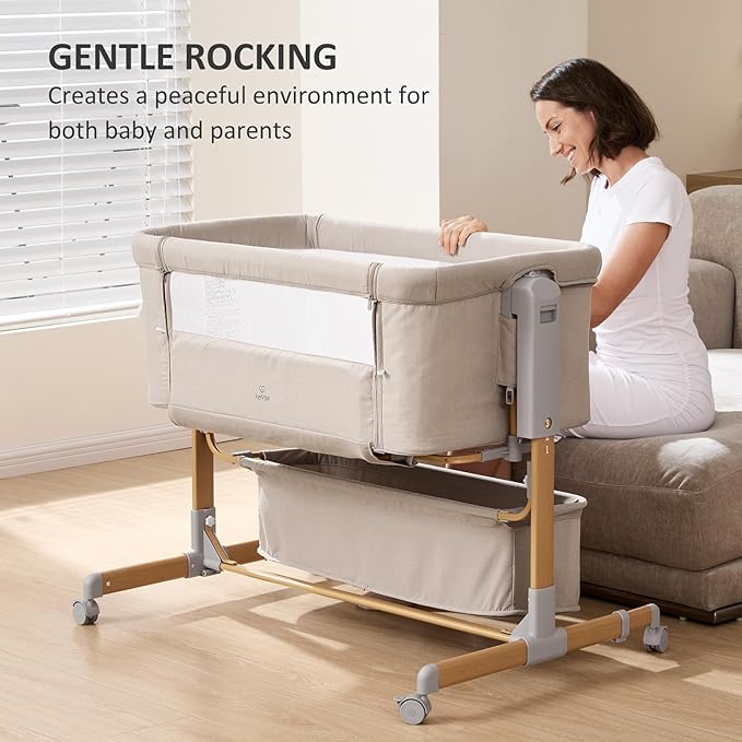 3 in 1 Baby Bassinet, Rocking Bassinet, Bedside Bassinet, 6-Height Adjustable, Bassinet Bedside Sleeper, Bedside Bassient for Baby with Comfy Mattress, Breathable Mesh, Large Storage Basket