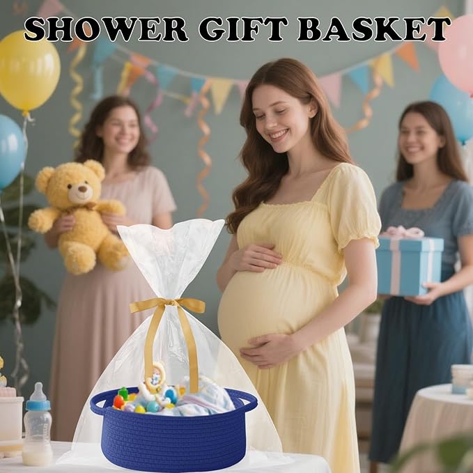 Gift Basket with Gift Bag and Ribbons,Small Rope Woven Shelf Storage,Baskets for Gifts Empty,Birthday,Shower,Decorative Organizer Box for Cat Dog Pet with Handles(Royal Blue)