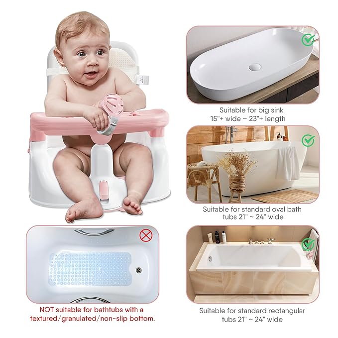 Baby Bath Seat with Sitting & Lying 2 Modes, 3-Speed Adjustment, Powerful Suction Cups, Infant Bathtub Chair with Washable Pillow, Folding and Hanging(Light Pink)